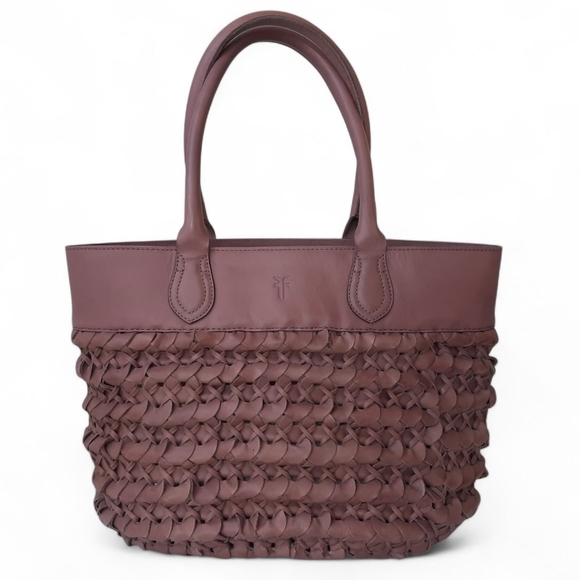 Rare FRYE Leather Woven Tote Shoulder Bag Satchel Taupe Basket Weave Boho - Picture 7 of 16